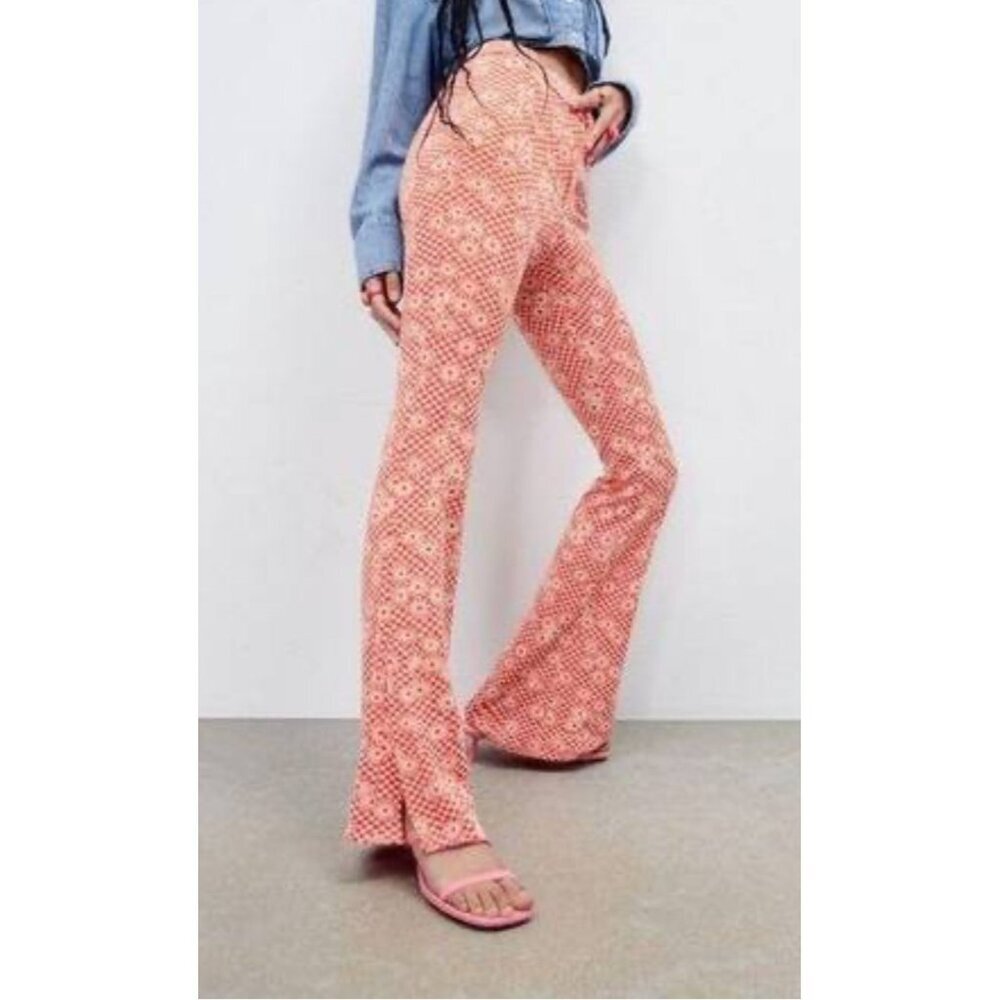 Zara Orange Daisy floral Print Flare Bottom knit pants 90sโ hippie sz S